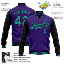 Load image into Gallery viewer, Custom Purple Teal-Black Bomber Full-Snap Varsity Letterman Two Tone Jacket