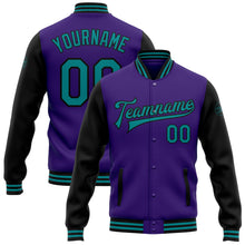 Load image into Gallery viewer, Custom Purple Teal-Black Bomber Full-Snap Varsity Letterman Two Tone Jacket