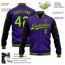 Load image into Gallery viewer, Custom Purple Neon Green-Black Bomber Full-Snap Varsity Letterman Two Tone Jacket