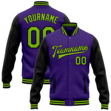 Load image into Gallery viewer, Custom Purple Neon Green-Black Bomber Full-Snap Varsity Letterman Two Tone Jacket