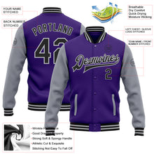Load image into Gallery viewer, Custom Purple Black-Gray Bomber Full-Snap Varsity Letterman Two Tone Jacket