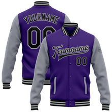 Load image into Gallery viewer, Custom Purple Black-Gray Bomber Full-Snap Varsity Letterman Two Tone Jacket