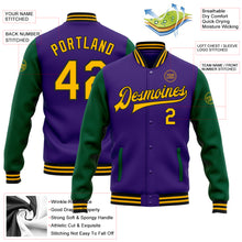 Load image into Gallery viewer, Custom Purple Gold-Kelly Green Bomber Full-Snap Varsity Letterman Two Tone Jacket