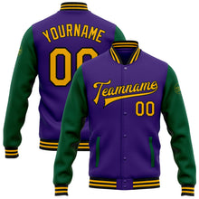 Load image into Gallery viewer, Custom Purple Gold-Kelly Green Bomber Full-Snap Varsity Letterman Two Tone Jacket