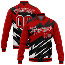 Load image into Gallery viewer, Custom Red Black-White Lightning 3D Pattern Design Bomber Full-Snap Varsity Letterman Jacket