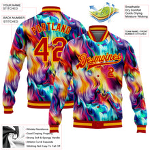 Load image into Gallery viewer, Custom Red Gold Abstract Rainbow Liquid Trippy 3D Pattern Design Bomber Full-Snap Varsity Letterman Jacket