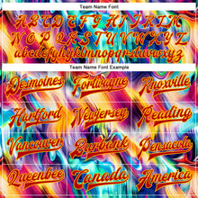 Load image into Gallery viewer, Custom Red Gold Abstract Rainbow Liquid Trippy 3D Pattern Design Bomber Full-Snap Varsity Letterman Jacket