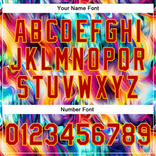 Load image into Gallery viewer, Custom Red Gold Abstract Rainbow Liquid Trippy 3D Pattern Design Bomber Full-Snap Varsity Letterman Jacket