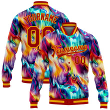 Load image into Gallery viewer, Custom Red Gold Abstract Rainbow Liquid Trippy 3D Pattern Design Bomber Full-Snap Varsity Letterman Jacket