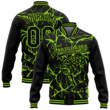 Load image into Gallery viewer, Custom Black Neon Green Abstract Network And Tiger 3D Pattern Design Bomber Full-Snap Varsity Letterman Jacket