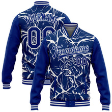 Load image into Gallery viewer, Custom Royal White Abstract Network And Tiger 3D Pattern Design Bomber Full-Snap Varsity Letterman Jacket