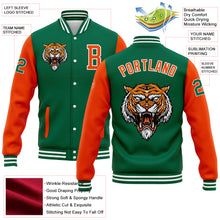 Load image into Gallery viewer, Custom Kelly Green Orange-White 3D Pattern Design Bomber Full-Snap Varsity Letterman Jacket
