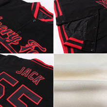 Load image into Gallery viewer, Custom Cream Red-Black 3D Pattern Design Bomber Full-Snap Varsity Letterman Jacket