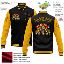 Load image into Gallery viewer, Custom Black Gold 3D Pattern Design Bomber Full-Snap Varsity Letterman Jacket