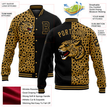 Load image into Gallery viewer, Custom Black Old Gold Leopard Print 3D Pattern Design Bomber Full-Snap Varsity Letterman Jacket