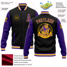 Load image into Gallery viewer, Custom Black Purple-Gold Bomber Full-Snap Varsity Letterman Two Tone Jacket
