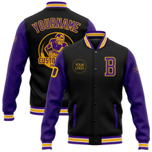 Load image into Gallery viewer, Custom Black Purple-Gold Bomber Full-Snap Varsity Letterman Two Tone Jacket