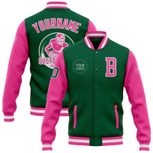 Load image into Gallery viewer, Custom Kelly Green Pink-White Bomber Full-Snap Varsity Letterman Two Tone Jacket