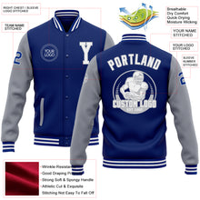 Load image into Gallery viewer, Custom Royal White-Gray Bomber Full-Snap Varsity Letterman Two Tone Jacket
