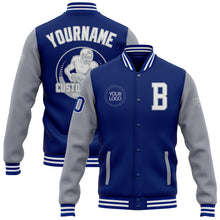 Load image into Gallery viewer, Custom Royal White-Gray Bomber Full-Snap Varsity Letterman Two Tone Jacket