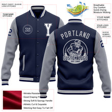 Load image into Gallery viewer, Custom Navy White-Gray Bomber Full-Snap Varsity Letterman Two Tone Jacket