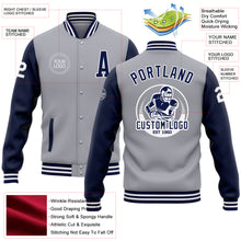 Load image into Gallery viewer, Custom Gray Navy-White Bomber Full-Snap Varsity Letterman Two Tone Jacket