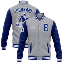 Load image into Gallery viewer, Custom Gray Royal-White Bomber Full-Snap Varsity Letterman Two Tone Jacket