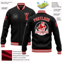 Load image into Gallery viewer, Custom Black Red-White Bomber Full-Snap Varsity Letterman Jacket