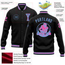 Load image into Gallery viewer, Custom Black Light Blue-Pink Bomber Full-Snap Varsity Letterman Jacket