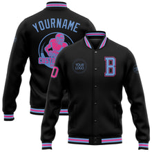 Load image into Gallery viewer, Custom Black Light Blue-Pink Bomber Full-Snap Varsity Letterman Jacket