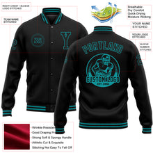Load image into Gallery viewer, Custom Black Teal Bomber Full-Snap Varsity Letterman Jacket