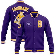 Load image into Gallery viewer, Custom Purple Gold-White Bomber Full-Snap Varsity Letterman Jacket