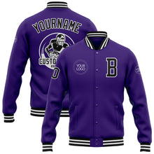 Load image into Gallery viewer, Custom Purple Black-White Bomber Full-Snap Varsity Letterman Jacket