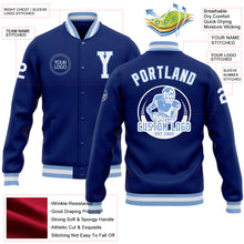 Load image into Gallery viewer, Custom Royal White-Light Blue Bomber Full-Snap Varsity Letterman Jacket