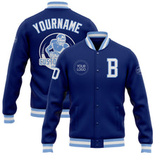 Load image into Gallery viewer, Custom Royal White-Light Blue Bomber Full-Snap Varsity Letterman Jacket