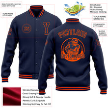 Load image into Gallery viewer, Custom Navy Orange Bomber Full-Snap Varsity Letterman Jacket