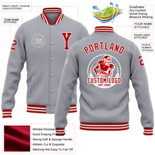 Load image into Gallery viewer, Custom Gray Red-White Bomber Full-Snap Varsity Letterman Jacket
