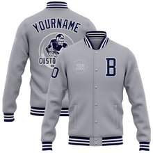 Load image into Gallery viewer, Custom Gray Navy-White Bomber Full-Snap Varsity Letterman Jacket