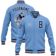 Load image into Gallery viewer, Custom Light Blue Navy-White Bomber Full-Snap Varsity Letterman Jacket