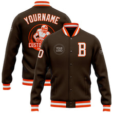 Load image into Gallery viewer, Custom Brown White-Orange Bomber Full-Snap Varsity Letterman Jacket