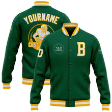 Load image into Gallery viewer, Custom Kelly Green White-Gold Bomber Full-Snap Varsity Letterman Jacket
