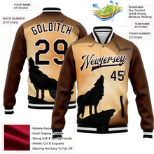 Load image into Gallery viewer, Custom Brown Black-White Wolf Fullmoon Party 3D Pattern Design Bomber Full-Snap Varsity Letterman Jacket