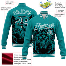 Load image into Gallery viewer, Custom Teal White Wolf Head 3D Pattern Design Bomber Full-Snap Varsity Letterman Jacket