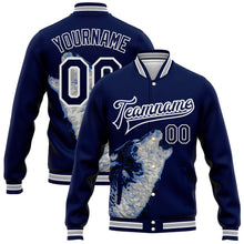 Load image into Gallery viewer, Custom Navy White-Gray Wolf Howling 3D Pattern Design Bomber Full-Snap Varsity Letterman Jacket