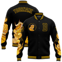Load image into Gallery viewer, Custom Black Gold Courage Samurai 3D Pattern Design Bomber Full-Snap Varsity Letterman Jacket
