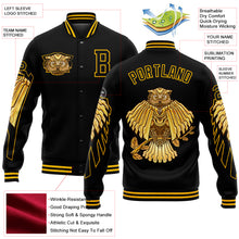 Load image into Gallery viewer, Custom Black Gold Owl 3D Pattern Design Bomber Full-Snap Varsity Letterman Jacket