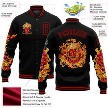 Load image into Gallery viewer, Custom Black Red Dragon 3D Pattern Design Bomber Full-Snap Varsity Letterman Jacket