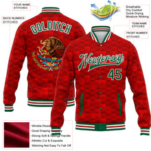 Load image into Gallery viewer, Custom Red Kelly Green-White Mexico 3D Bomber Full-Snap Varsity Letterman Jacket