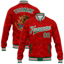Load image into Gallery viewer, Custom Red Kelly Green-White Mexico 3D Bomber Full-Snap Varsity Letterman Jacket
