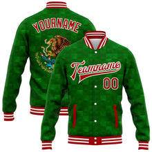 Load image into Gallery viewer, Custom Kelly Green Red-White Mexico 3D Bomber Full-Snap Varsity Letterman Jacket
